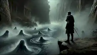 Un héroe se encuentra en la orilla del Estigia, contemplando sus profundidades mientras las sombras se arremolinan.