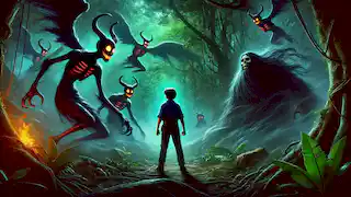 Mateo enfrenta valientemente a los oscuros espíritus en el bosque, mientras el Duende observa desde la distancia.