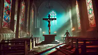 Dentro de una iglesia abandonada, una cruz con una calavera de animal se alza en el altar, mientras un hombre y una mujer permanecen horrorizados.