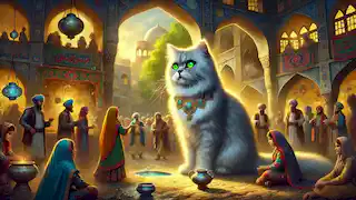 Los aldeanos se reúnen en un mercado persa, maravillándose ante el místico gato persa de ojos verdes salpicados de oro.