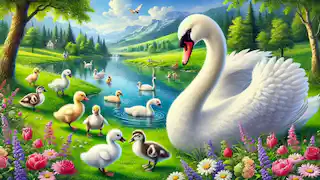 Um cisne adulto observa um novo grupo de patinhos que brincam à beira do lago.