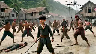 El joven Hang Tuah lidera a los aldeanos contra los piratas en la playa, sosteniendo una lanza con feroz determinación.