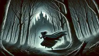 Maude corre a través de un oscuro bosque, huyendo del castillo aterrorizada, con la niebla envolviendo los árboles y la luz de la luna filtrándose entre las ramas.