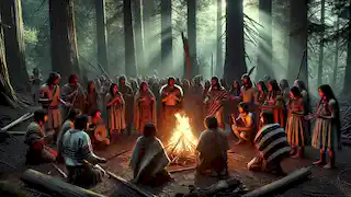 Villages mapuches liderados por un chamán, realizando rituales ancestrales alrededor de un fuego sagrado en el bosque.