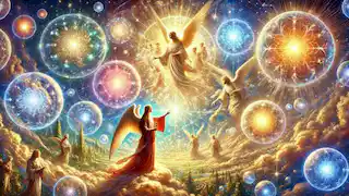 Beatriz guiando al protagonista a través de esferas celestiales llenas de luz divina y figuras angelicales.