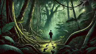 João sigue unas huellas que miran hacia atrás a través de la densa y misteriosa jungla, repleta de árboles altos y enredaderas.