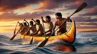 Junge Wampanoag-Männer, die mit ihren Kanus in den Ozean paddeln.