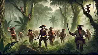 Don Rodrigo lidera a un grupo de conquistadores que abre camino a través de la densa jungla con machetes.