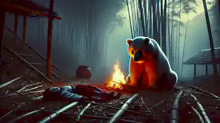 Un oso blanco de luto junto a lasbrasas humeantes en un bosque de bambú al anochecer.