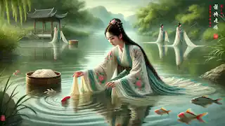 Xi Shi lavando seda à beira do rio, sua beleza hipnotizando os peixes, rodeada por uma vegetação exuberante durante o Período das Primaveras e Outonos.