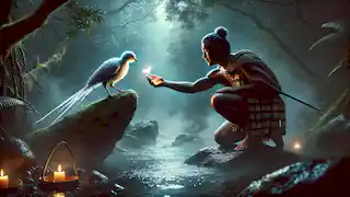 Tama se acerca para recoger una pluma luminosa del antiguo pájaro Moho Taniwha junto al Pozo Sagrado.