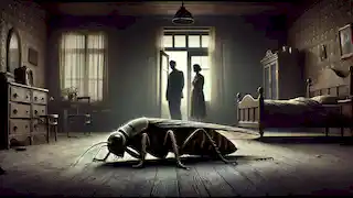 El inerte cuerpo de insecto de Gregor yace en el suelo mientras su familia se encuentra al fondo, lamentando y aliviada.
