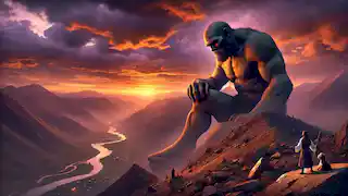 Borzandar, el gigante, arrodillado en una montaña al atardecer mientras los aldeanos lo observan, se funde con el paisaje en sus últimos momentos.