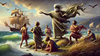 Odysseus und seine Crew treffen Aeolus, den Hüter der Winde, an einem ruhigen Inselstrand.