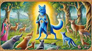 El chacal teñido de azul se presentó ante los animales, proclamando ser enviado por los dioses.