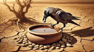 El cuervo deja caer piedras en la olla, tratando de elevar el nivel del agua en el árido paisaje bajo el calor del sol.