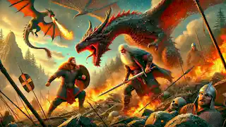 Beowulf y Wiglaf luchan contra el dragón en una feroz batalla. El paisaje es áspero, lleno de escombros llameantes y humo.