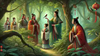 Los cortesanos del emperador, guiados por una sirvienta de cocina, se adentraron en el bosque en busca del ruiseñor.