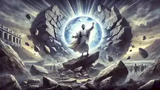 Bernardo Carpio se libera de las rocas, simbolizando esperanza y liberación, mientras las montañas tiemblan a su alrededor.
