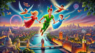 Los niños Darling volando sobre Londres con Peter Pan hacia Nunca Jamás.