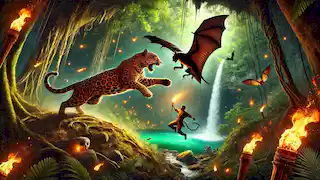 Un jaguar ataca a un intruso mientras un murciélago distrae a otro cerca del resplandeciente cenote en la selva mesoamericana.