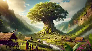 Un árbol resplandeciente en un valle exuberante, rodeado de aldeanos, simbolizando el equilibrio restaurado y la esperanza tras el sacrificio de Borzandar.
