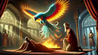 El Simurgh desciende del cielo para ayudar a Zal y Rudabeh durante el difícil nacimiento de su hijo, Rostam.