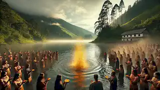 Los muiscas lanzaban objetos de oro al Lago Guatavita como parte de su ritual sagrado.