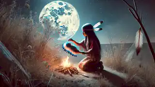 Ella-Que-Está-Sola en una colina bajo la luz de la luna, realizando un sacrificio con su muñeca.
