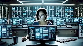 Lisbeth Salander trabaja en múltiples pantallas de computadora en una oficina de alta tecnología durante su última operación de hackeo.