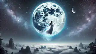 Chang'e asciende hacia la luna, volviéndose etérea mientras la tierra abajo se desvanece, bajo un cielo estrellado.
