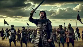 Alpamysh reúne a sus guerreros, levantando su espada en alto mientras se preparan para la batalla contra el ejército que se acerca de Taychihan.