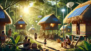 Una tranquila aldea Shuar contemporánea que combina la cultura tradicional con la tecnología moderna, ubicada en la selva amazónica.