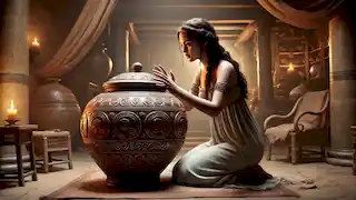 Pandora extiende la mano hacia la tapa de un jarrón ornamentado, su rostro mostrando tanto curiosidad como miedo, en un hogar griego débilmente iluminado.
