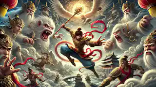El Rey Mono Wukong se enfrenta a los ejércitos celestiales liderados por Erlang Shen, empuñando su bastón mágico en un violento enfrentamiento.