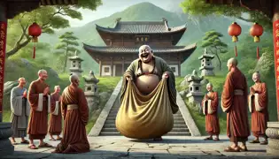 Budai llegó a un templo en la montaña, dejando su bolsa de tela en el suelo mientras los monjes lo observaban con curiosidad.