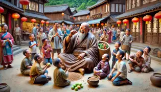 Budai se encuentra en una animada plaza del pueblo, repartiendo pequeños objetos y frutas mientras los aldeanos sonríen cálidamente.