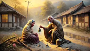 Budai consuela a una madre en duelo con una pequeña campana, rodeado de un sereno pueblo y el suave resplandor del atardecer.