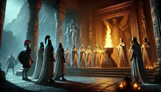Los sacerdotes magi protegen la Llama Eterna de las fuerzas invasoras de Alejandro en un antiguo templo persa.