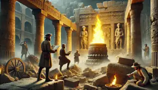 Exploradores del siglo XIX redescubren la Llama Eterna en las ruinas de un templo persa, asombrándose ante su brillantez.