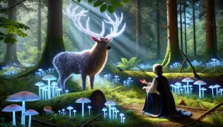 Un majestuoso ciervo con cuernos resplandecientes en un claro iluminado por el sol, la doctora Helena se arrodilla con asombro ante él, rodeada de flora luminosa.