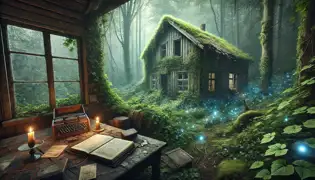 Una cabaña abandonada en el bosque de los Zagros alemanes, cubierta de musgo y hiedra, con plantas luminosas apenas visibles en el exterior.
