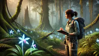 La Dra. Helena Weiss observa una orquídea resplandeciente en el Bosque Zagros de Alemania, rodeada de un exuberante verdor.