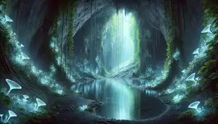 Una caverna resplandeciente con paredes brillantes y una charca de agua cristalina en el Bosque Zagros de Alemania, cubierta por lianas.