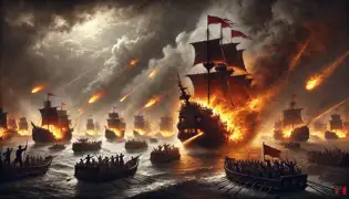 Los barcos en llamas colisionan con la flota de Cao Cao en el río Yangtsé, bajo un cielo oscuro y humeante.