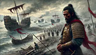 Cao Cao se retira a lo largo del río Yangtsé, contemplando solemnemente los restos carbonizados de su flota.