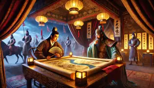 Zhuge Liang y Zhou Yu elaboran estrategias en un elegante pabellón de mando, donde una maqueta del río Yangtsé se despliega ante ellos.
