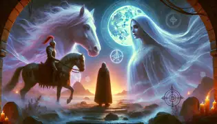 Los espíritus de Bahram y Soraya se aparecen a Arash en una visión radiante, con el caballo de piedra iluminado por la luz de la luna al fondo.
