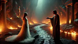 Perséfone se encuentra en el Inframundo, contemplando sus ríos de fuego mientras Hades hace un gesto hacia su vasto reino.