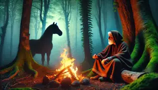 Un anciano guardián y un joven viajero junto a una fogata en el bosque, con un caballo de piedra apenas visible en la bruma.